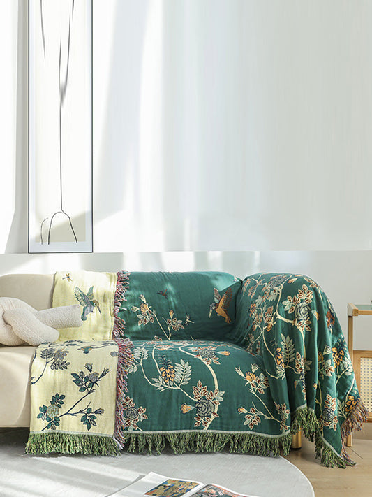 Cotton Queen Bedcover Bird Flower Tassel Sofa Blanket