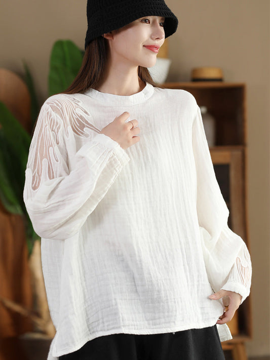 Women Autumn Artsy Embroidery Stand Collar Cotton Blouse