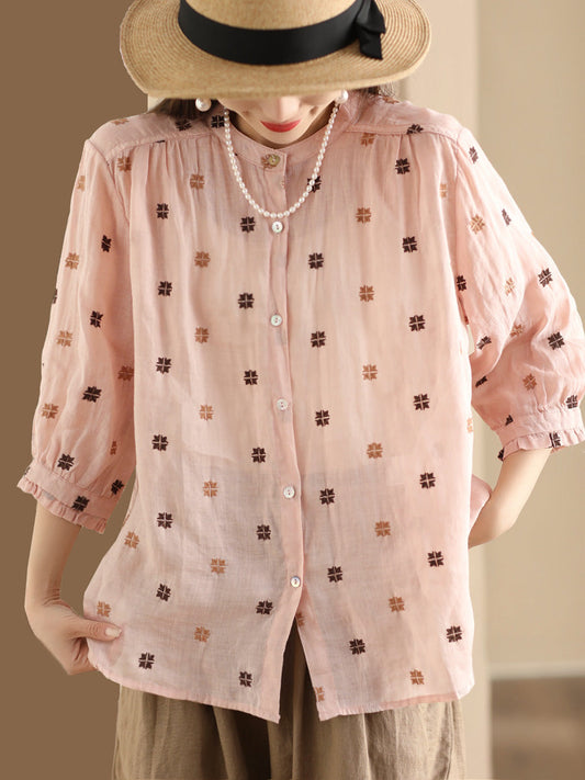 Women Spring Floral Embroidery Linen Button-Up Shirt