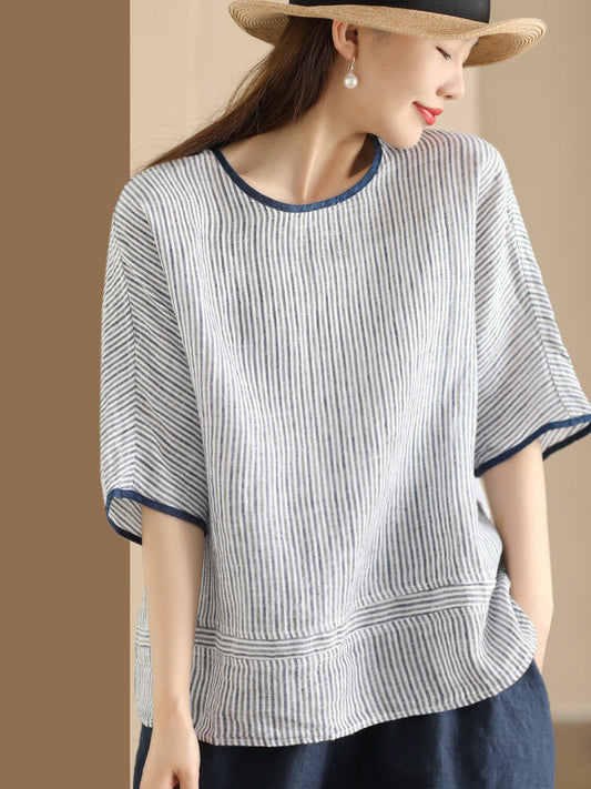 Women Summer Vintage Stripe Spliced Linen Shirt
