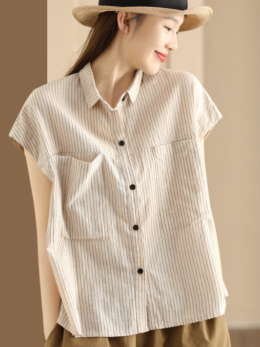 Women Artsy Summer Stripe Linen Button-up Shirt
