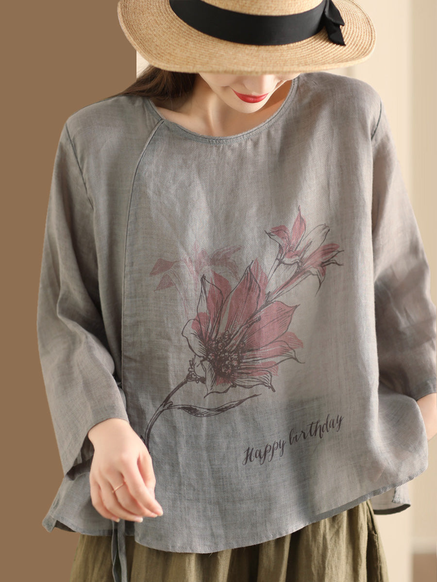 Women Spring Casual Flower Drawstring Ramie Shirt