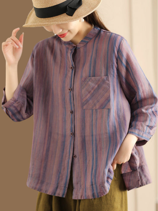 Women Spring Vintage Stripe Button-Up Blouse