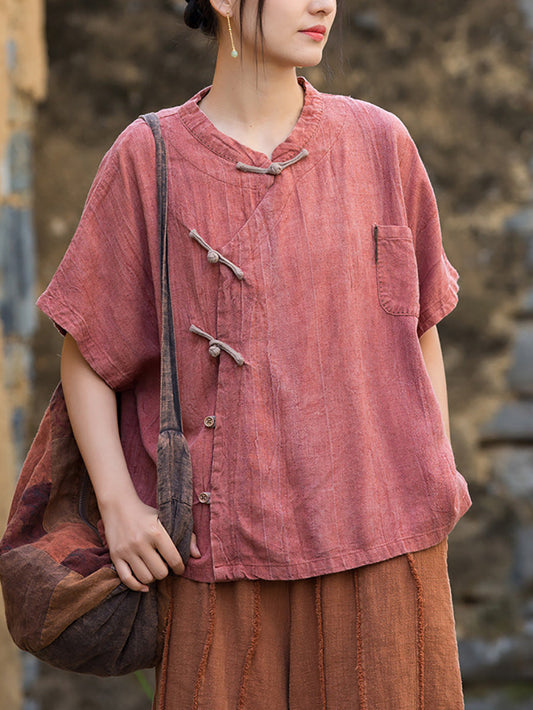 Women Summer Ethnic Pure Color Stand Collar Linen Shirt
