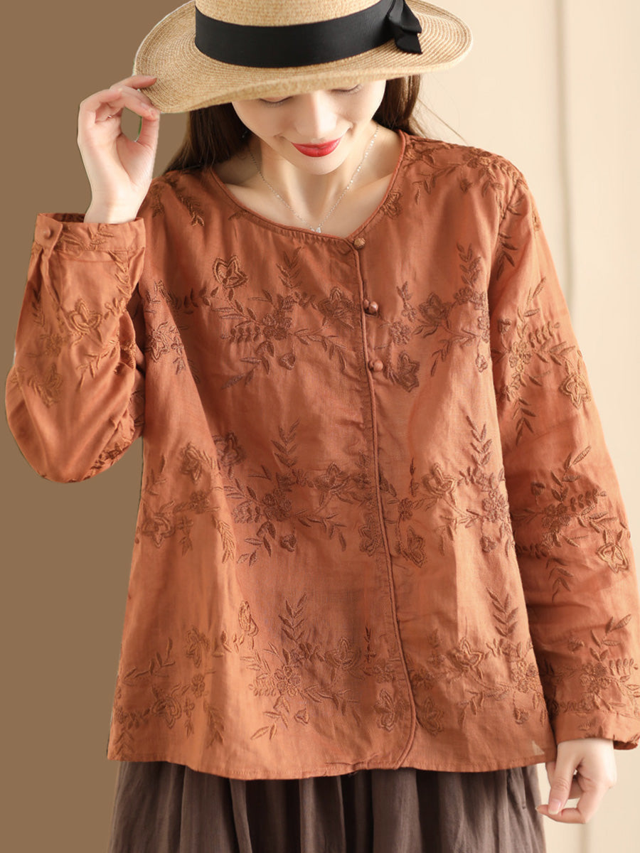 Women Ethnic Flower Embroidery Ramie Blouse