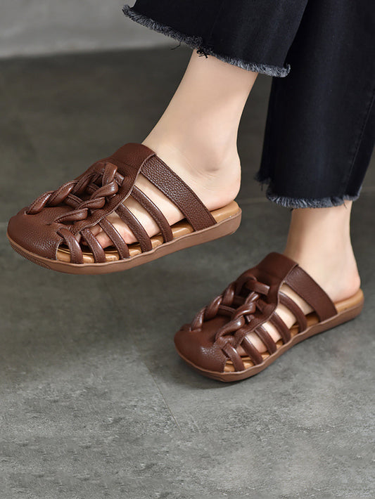 Women Summer Solid Leather Spliced Flat Slippers