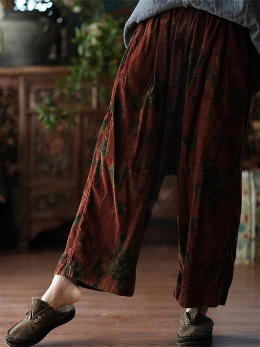 Women Autumn Retro Flower Cotton Wide-leg Pants