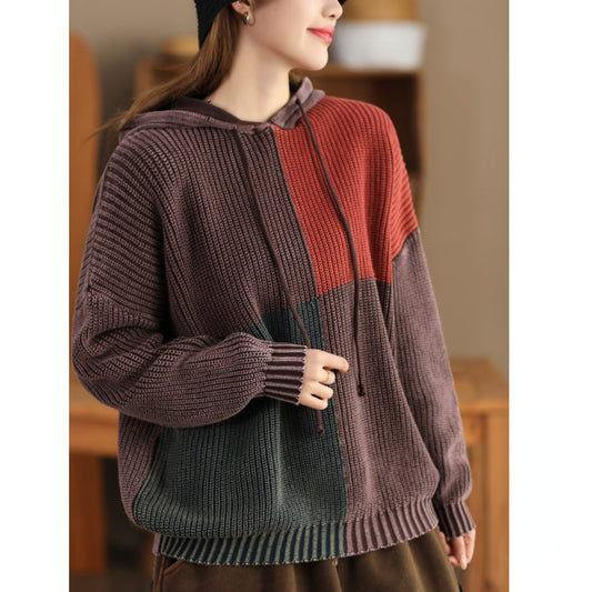Vintage Knitted Hooded Colorblock Long-Sleeve Sweater