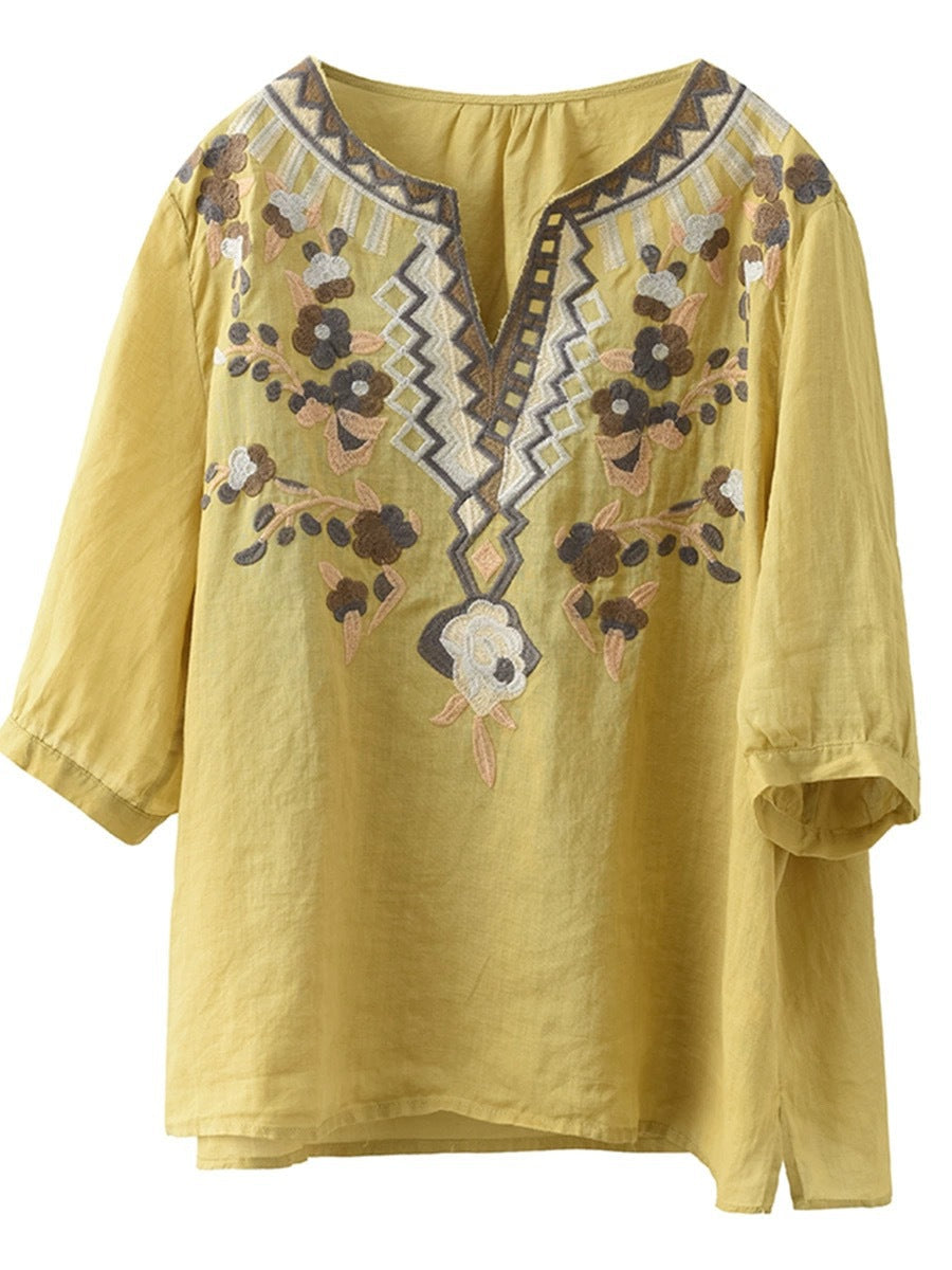 Women Summer Ethnic Flower Embroidery Ramie Shirt