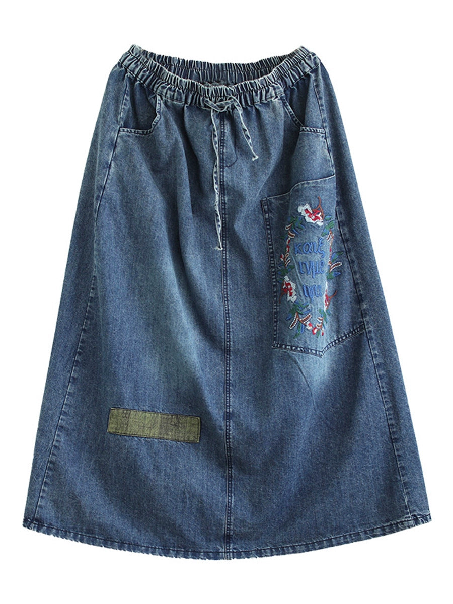 Women Artsy Flower Embroidery Denim Skirt