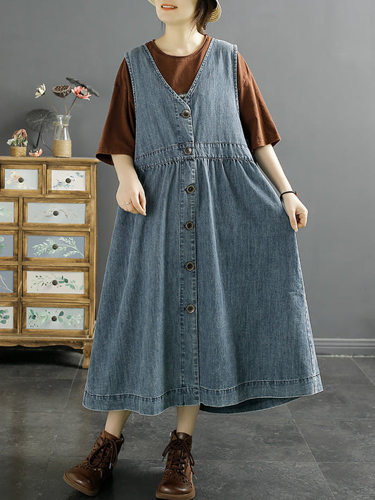 Women Casual Cotton Button-Up Spring Denim Vest Dress