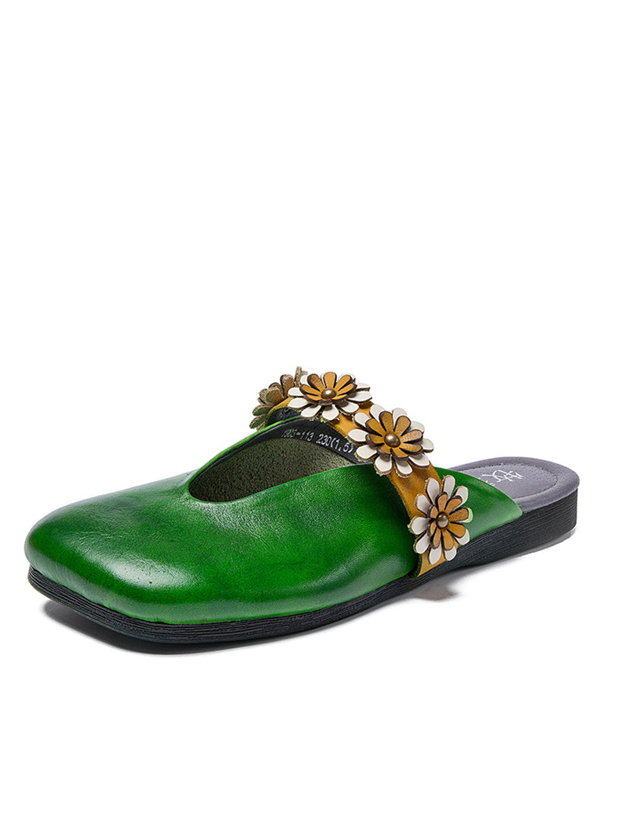 Women Summer Solid Flower Leather Slippers