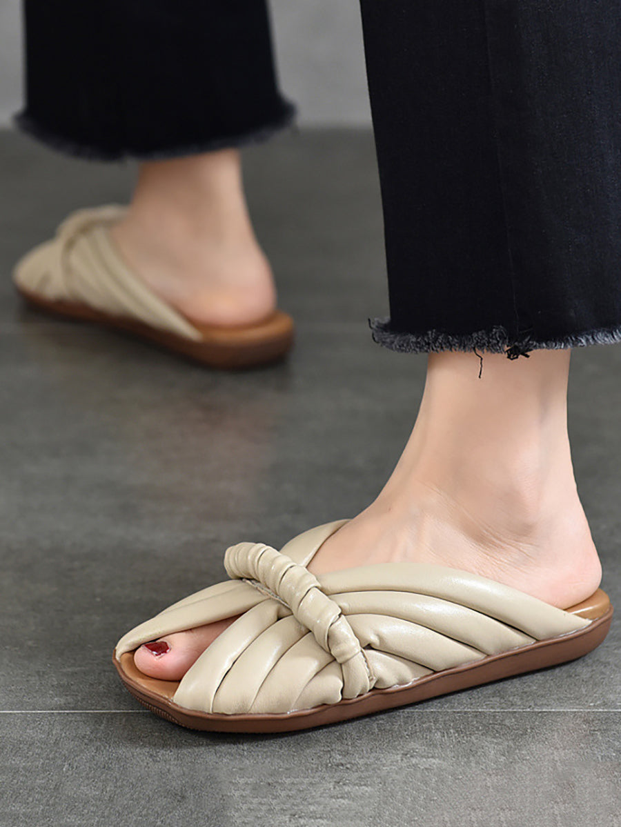 Women Summer Solid Leahter Weave Flat Slippers