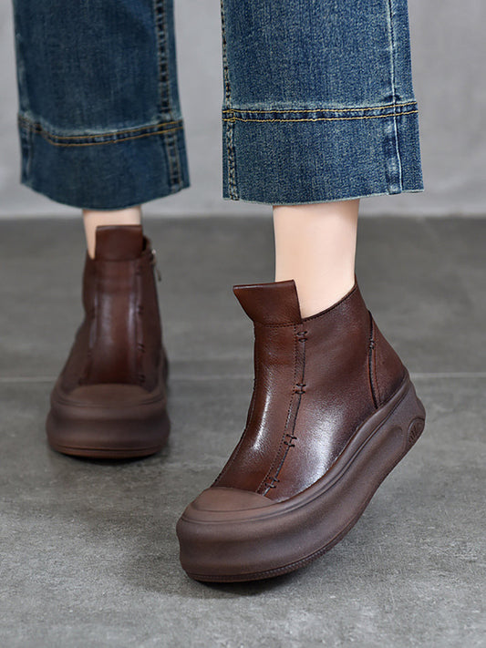 Women Winter Genuine Leather Spliced Mid-heel Boots