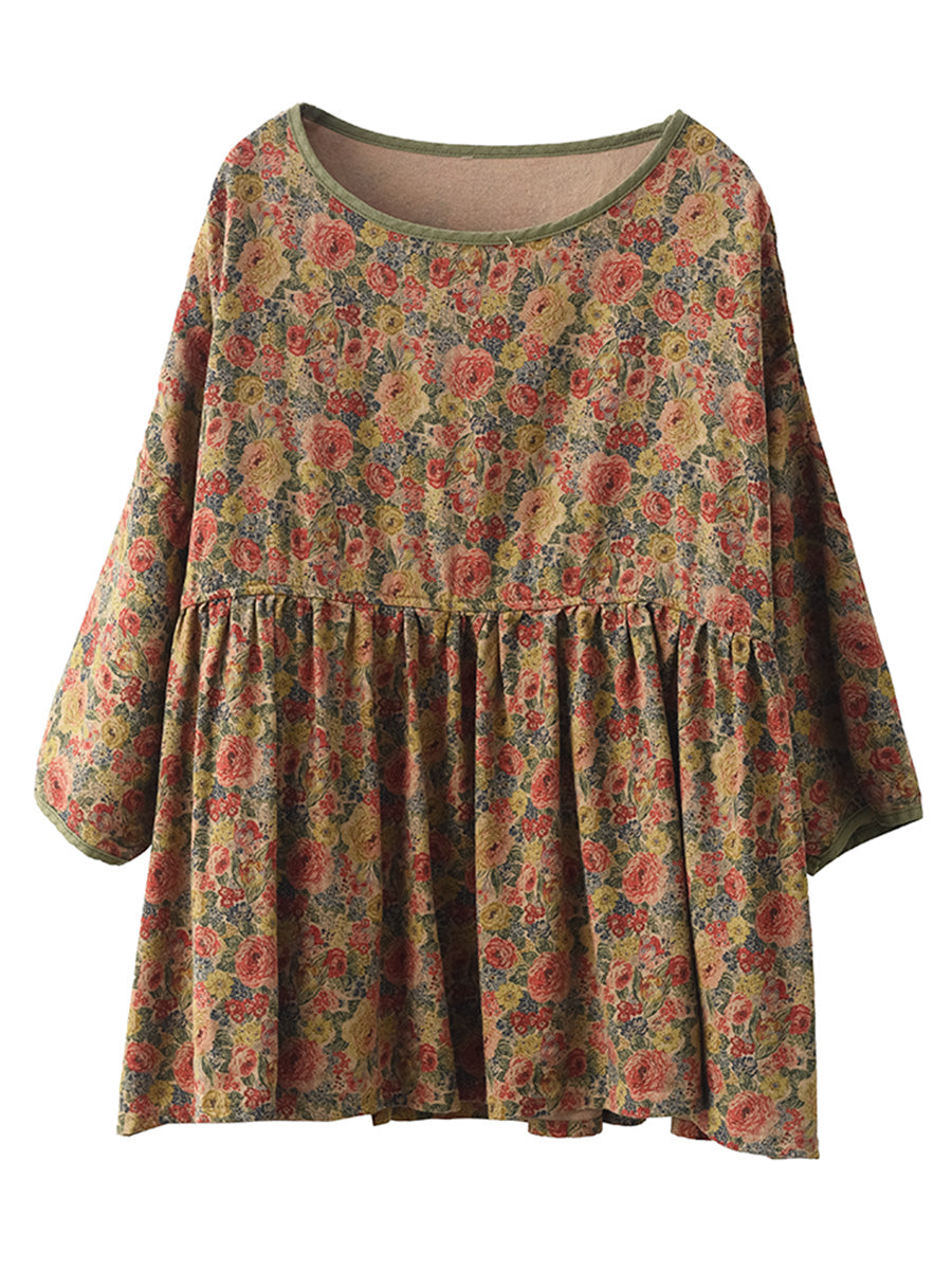 Women Summer Vintage Flower Spliced Loose Shirt
