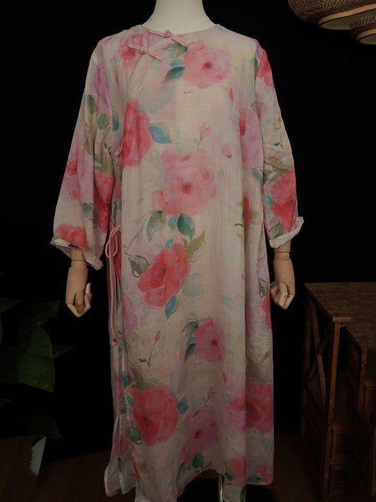 Women Spring Ethnic Flower Strap Linen Dress