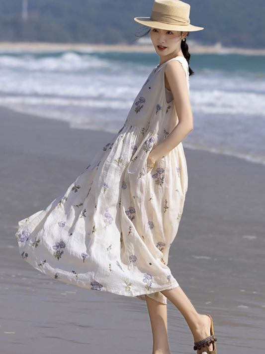 Women Summer Artsy Vintage Ramie Embroidery Vest Dress