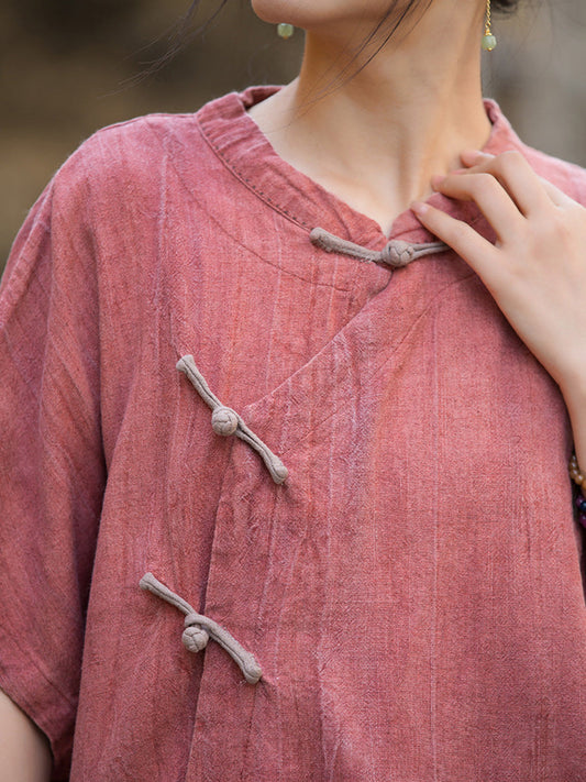 Women Summer Ethnic Pure Color Stand Collar Linen Shirt