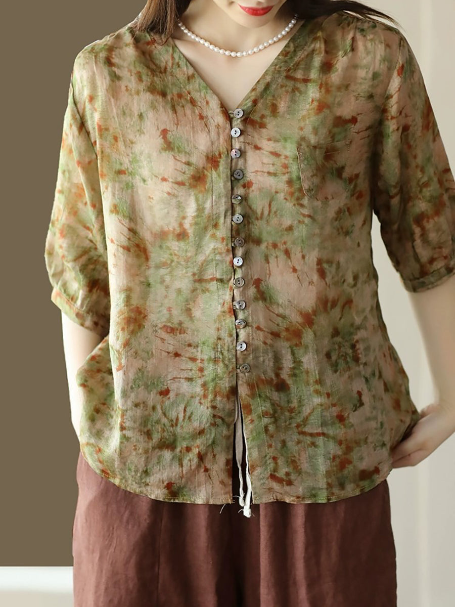 Women Vintage Floral Summer Button-Up Ramie Shirt