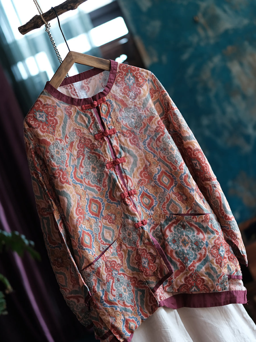 Women Vintage Spring Colorblock Flower Ramie Shirt Coat