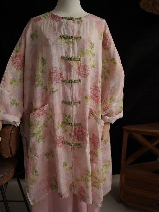 Women Vintage Ramie Flower Button-Up Long Shirt