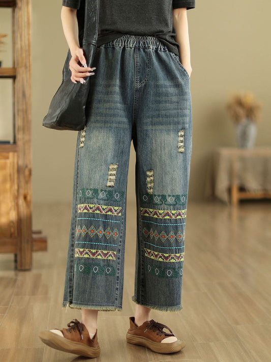 Women Summer Retro Embroidery Frayed Straight Denim Pants