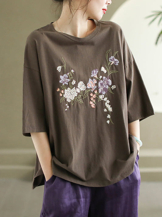 Women Summer Flower Embroidery Cotton O-Neck Shirt