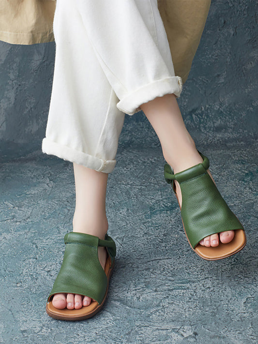Women Summer Solid Casual Leather Flat Sandals