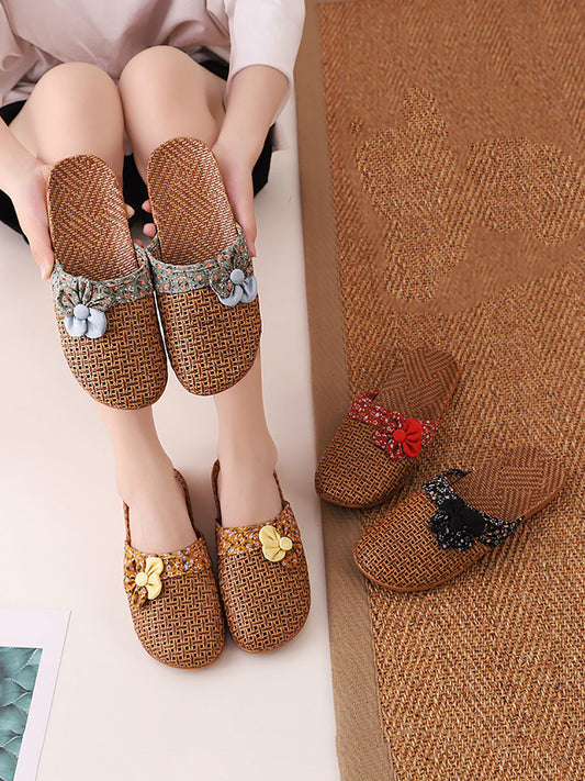 Women Summer Vintage Straw Spliced Indoor Slippers