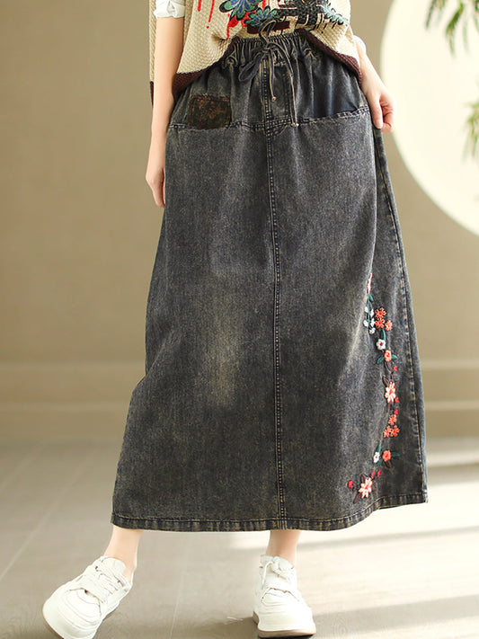 Women Vintage Floral Embroidery Denim Skirt