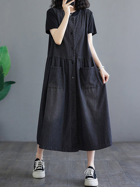 Women Summer Solid Denim Button-up Vest Dress