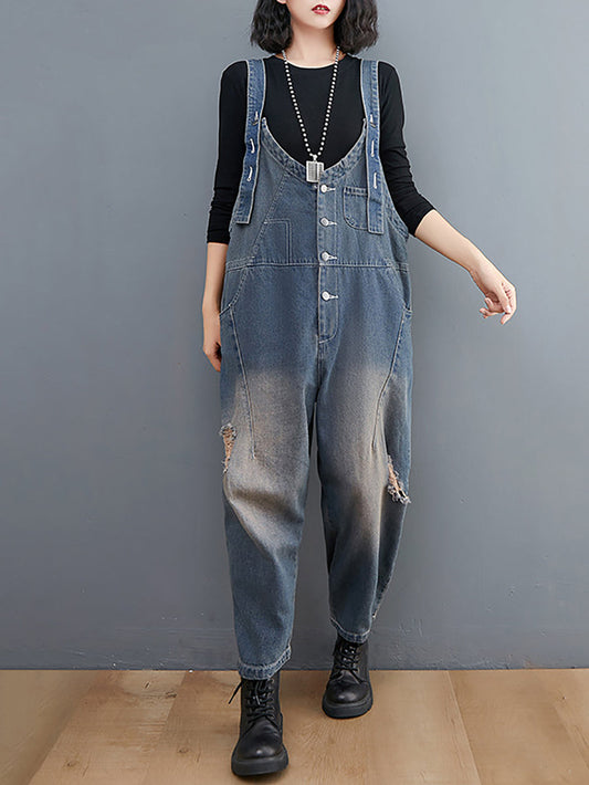 Women Vintage Frayed Denim Jumpsuits