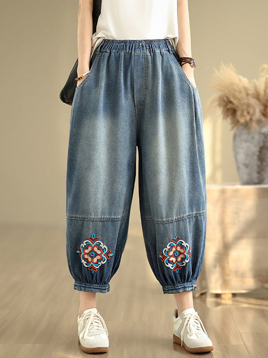 Women Retro Flower Embroidery Denim Harem Pants