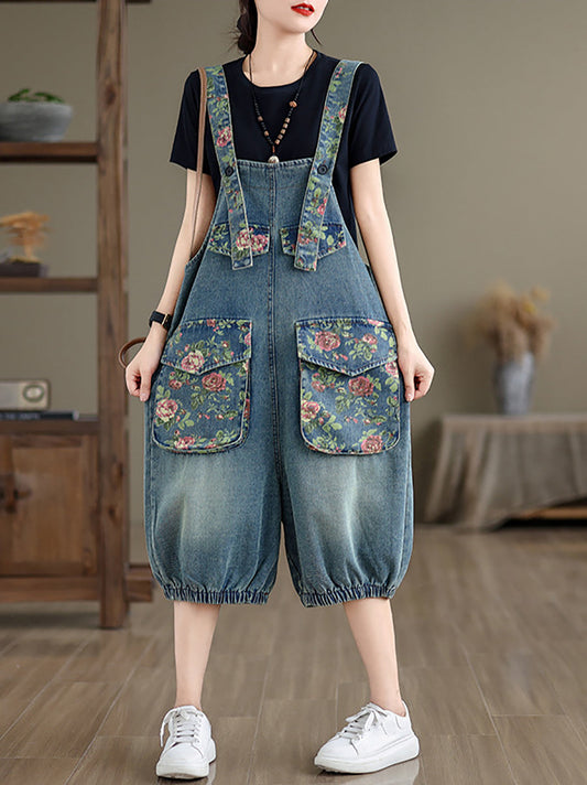 Women Summer Retro Flower Spliced Denim Jumpsuits