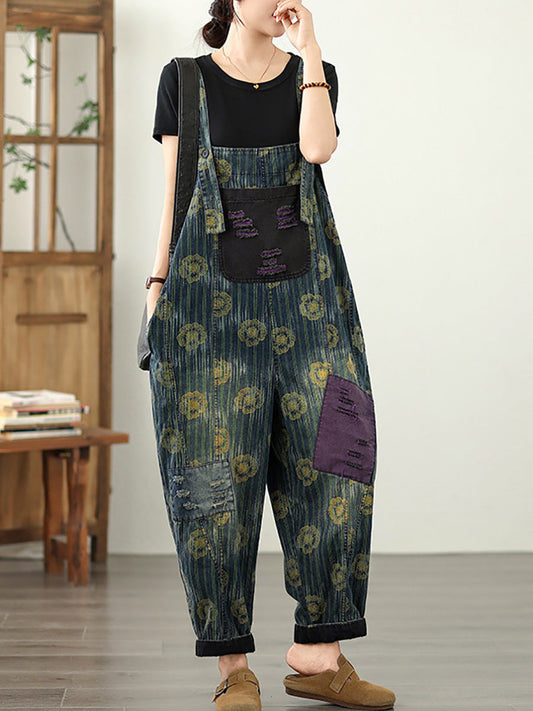 Women Summer Worn Flower Denim Patch Frayed Jumpsuits