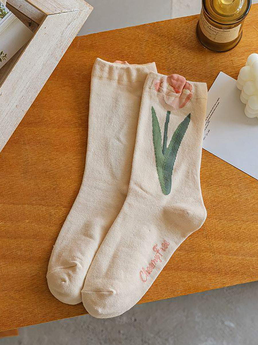 4 Pairs Women Artsy Flower Jacquard Cotton Socks