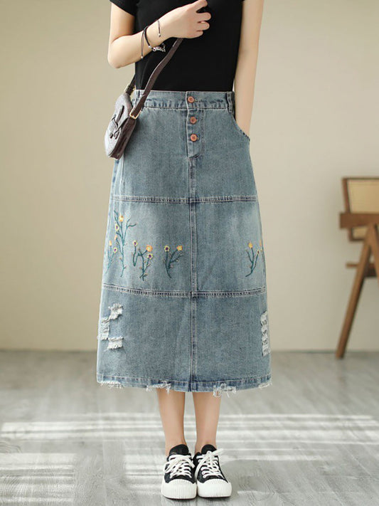 Women Summer Flower Embroidery Frayed Denim Skirt