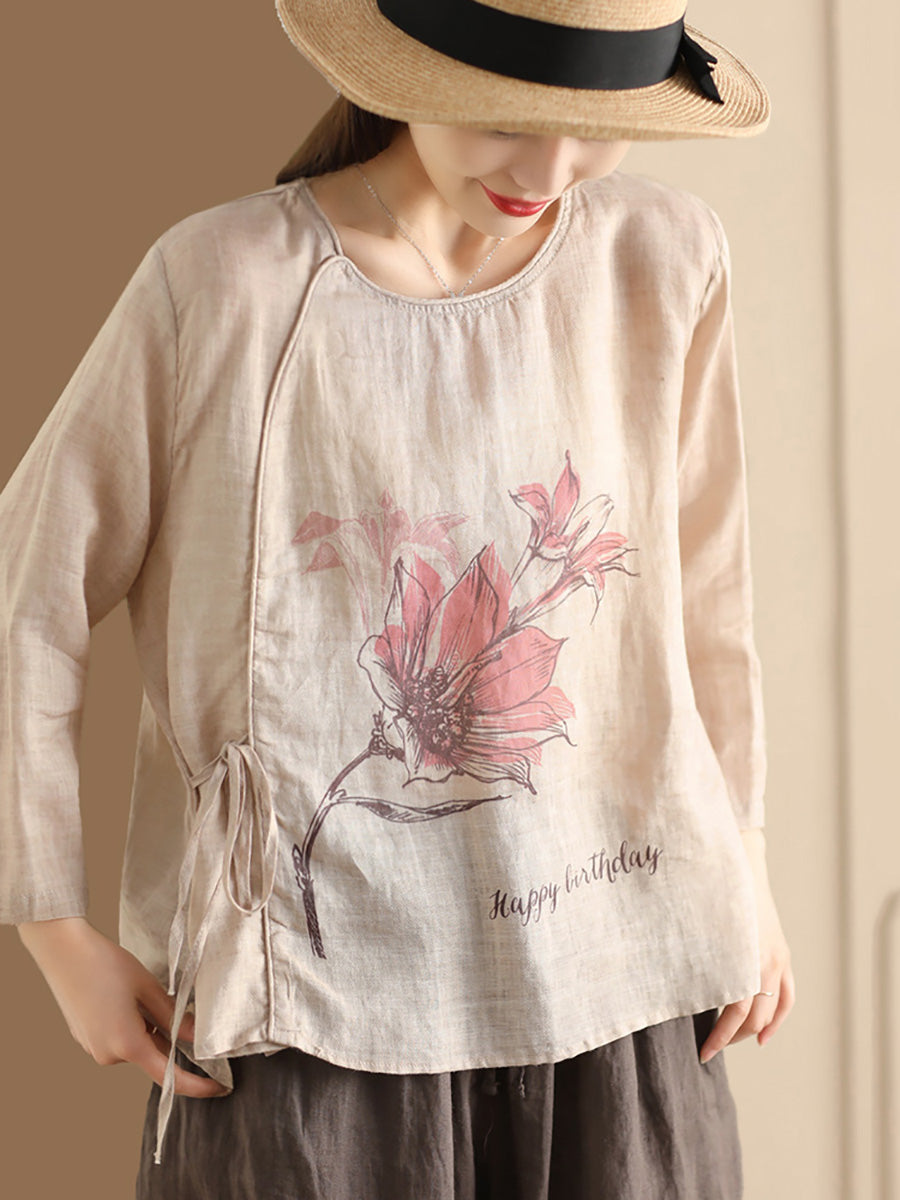 Women Spring Casual Flower Drawstring Ramie Shirt