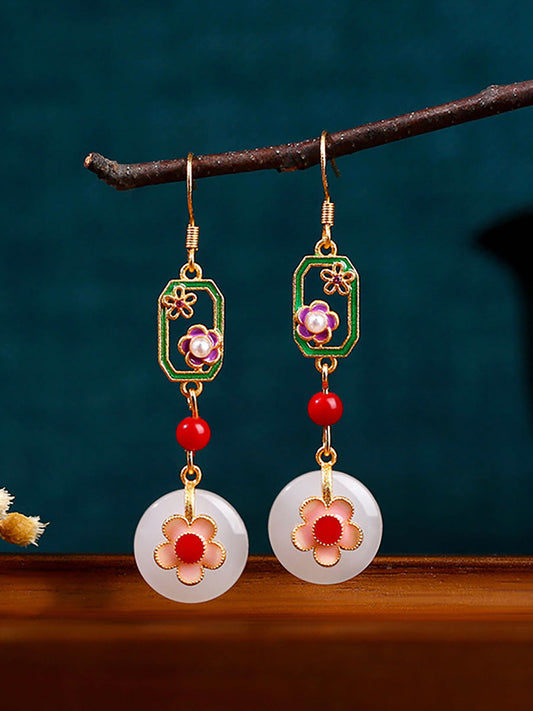 Women Ethnic Jade Cloisonne Flower Sliver Earrings
