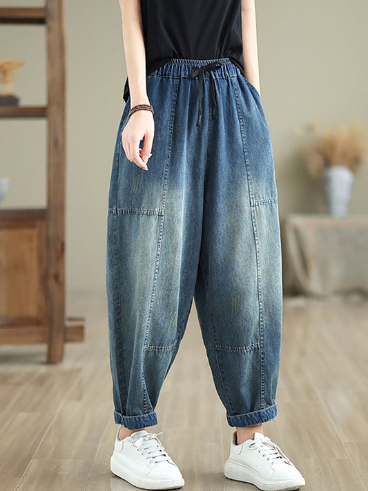 Women Autumn Washed Denim Spliced Harem Pants