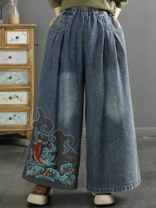 Women Summer Vintage Koi Embroidery Wide-leg Denim Pants