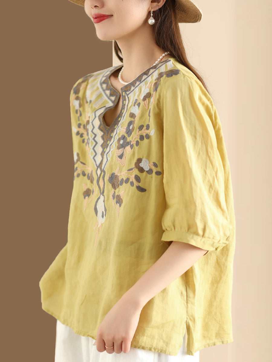 Women Summer Ethnic Flower Embroidery Ramie Shirt
