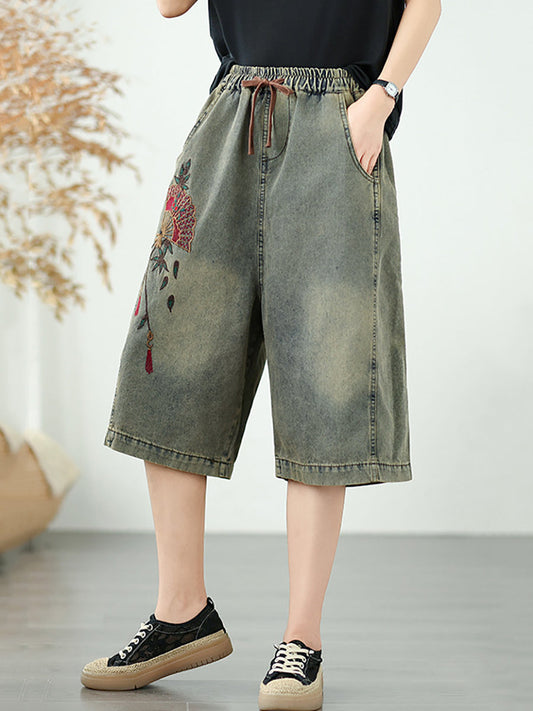 Women Retro Flower Embroidery Denim Straight Fifth Pants