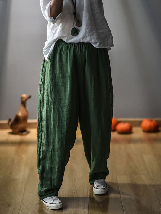 Women Vintage Spring Linen Solid Harem Pants