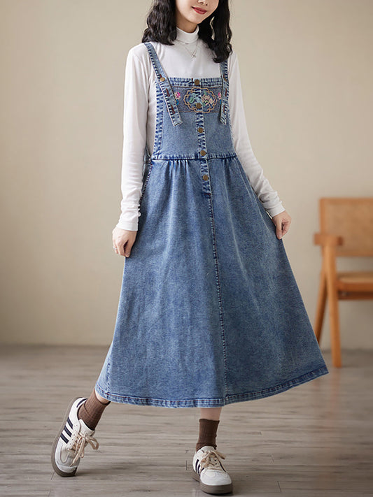 Women Casual Summer Flower Embroidery Denim Overall Dress