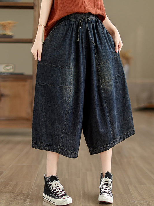 Women Summer Casual Solid Denim Spliced Wide-leg Pants