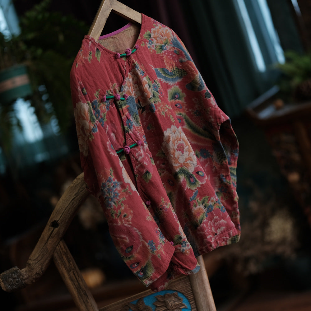 Women Ethnic Summer Flower Cotton Loose Shirt