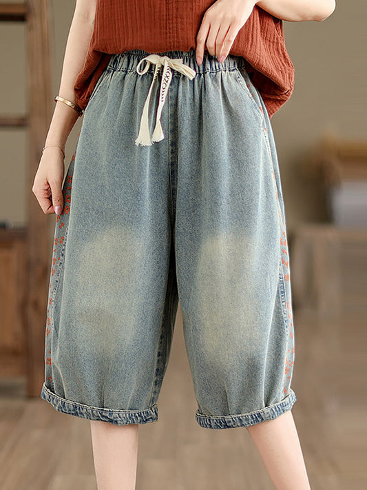 Women Summer Spliced Washed Denim Knee Length Pants