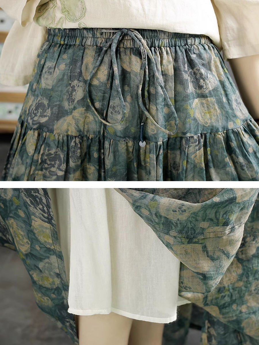 Women Artsy Floral Ramie Summer Skirt