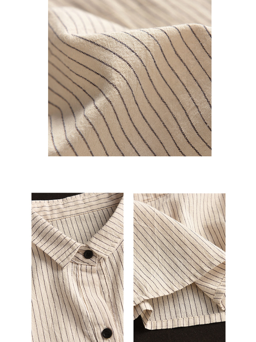 Women Artsy Summer Stripe Linen Button-up Shirt